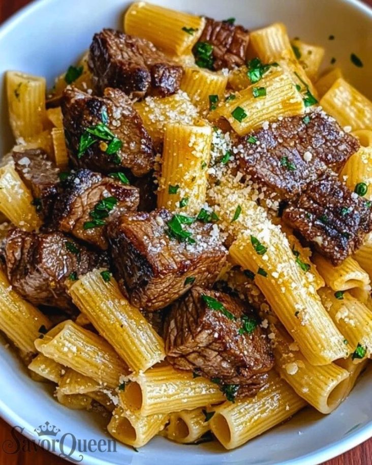 Garlic Butter Steak Parmesan Rigatoni
