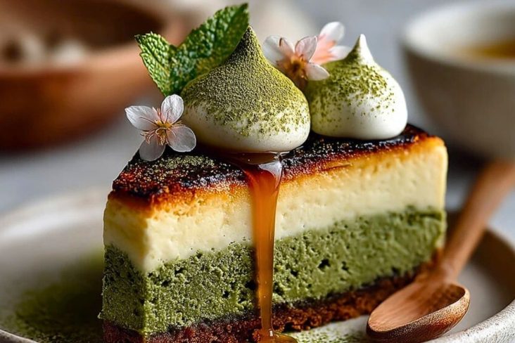 Baked Vanilla Matcha Cheesecake with Basque Twist