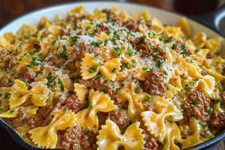 Cajun Cream Cheese Alfredo Bowties with Spiced Ground Beef