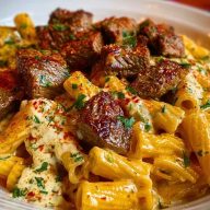 Cajun Garlic Butter Linguine with Tender Beef Strips Rigatoni