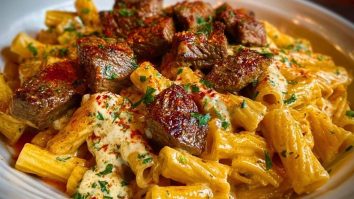 Cajun Garlic Butter Linguine with Tender Beef Strips Rigatoni