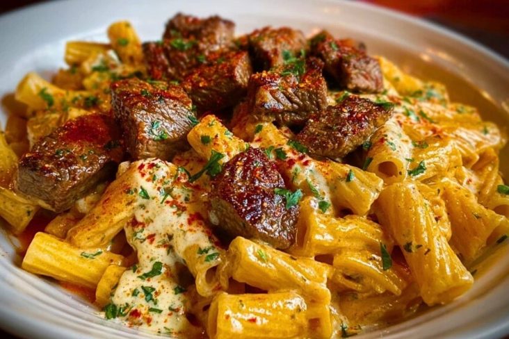 Cajun Garlic Butter Linguine with Tender Beef Strips Rigatoni