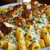Cheesy Garlic Butter Chicken Bites with Rigatoni in Alfredo Sauce