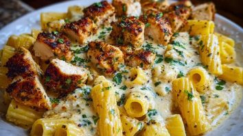 Cheesy Garlic Butter Chicken Bites with Rigatoni in Alfredo Sauce