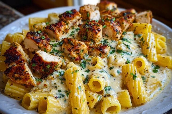 Cheesy Garlic Butter Chicken Bites with Rigatoni in Alfredo Sauce