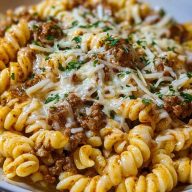 Cheesy Garlic Twisted Pasta with Cajun Ground Beef and Alfredo Velveeta