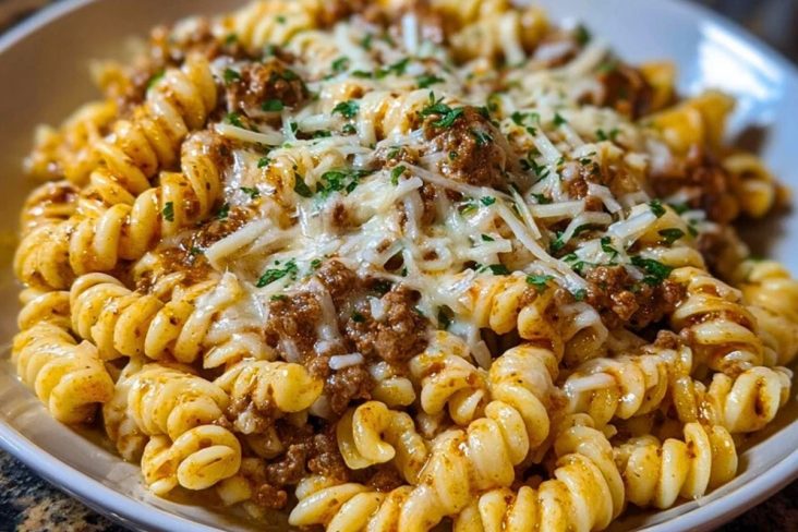 Cheesy Garlic Twisted Pasta with Cajun Ground Beef and Alfredo Velveeta