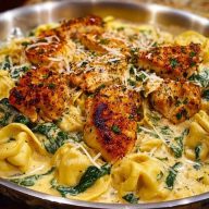 Creamy Chicken Tortellini with Spinach and Garlic Parmesan Cheese