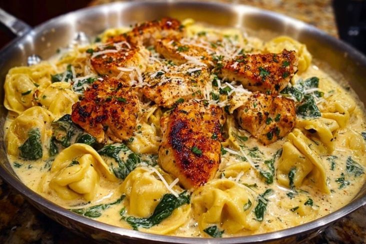 Creamy Chicken Tortellini with Spinach and Garlic Parmesan Cheese