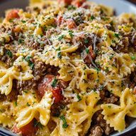Creamy Ground Beef Bowtie Pasta with Mozzarella and Parmesan