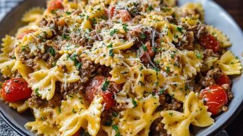 Creamy Ground Beef Bowtie Pasta with Mozzarella and Parmesan
