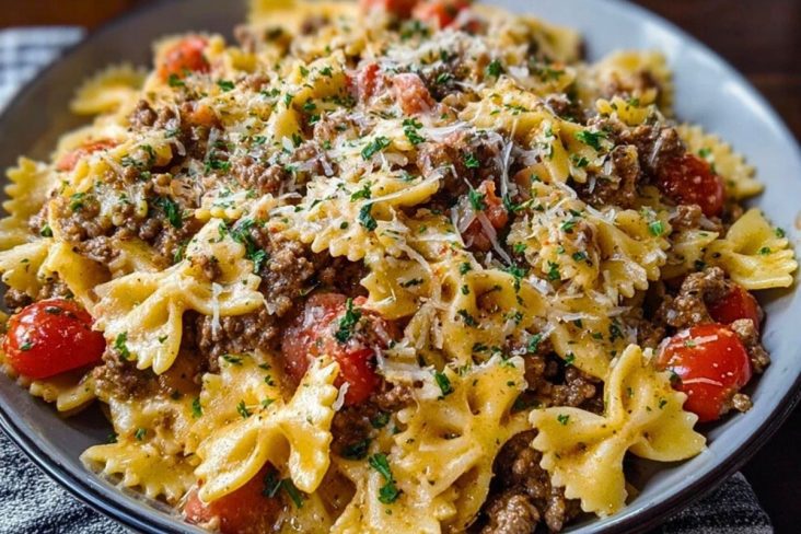 Creamy Ground Beef Bowtie Pasta with Mozzarella and Parmesan