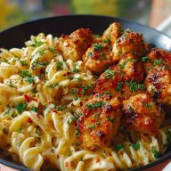 Easy Garlic Butter Chicken Bites Recipe with Spicy Cajun Alfredo Twisted Pasta