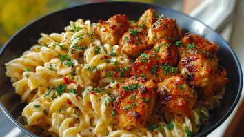 Easy Garlic Butter Chicken Bites Recipe with Spicy Cajun Alfredo Twisted Pasta