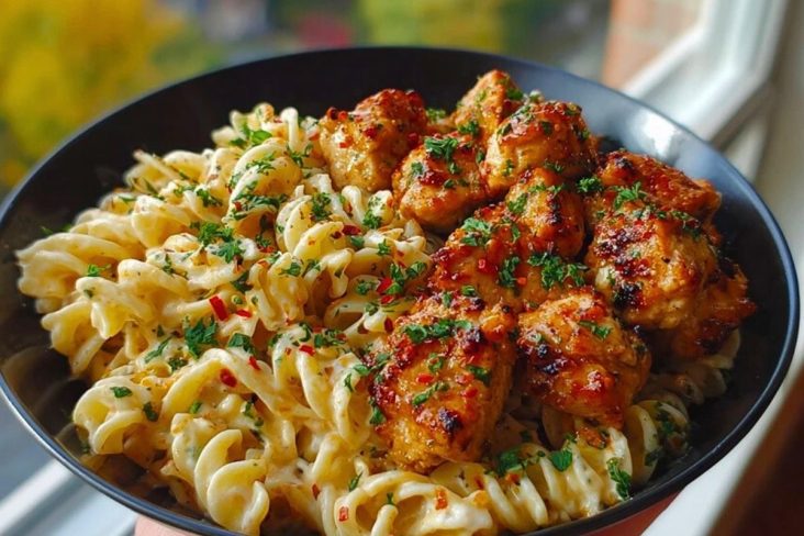 Easy Garlic Butter Chicken Bites Recipe with Spicy Cajun Alfredo Twisted Pasta