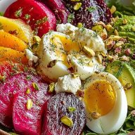 Elegant French Beet and Avocado Salad with Creme Fraiche and Pistachios