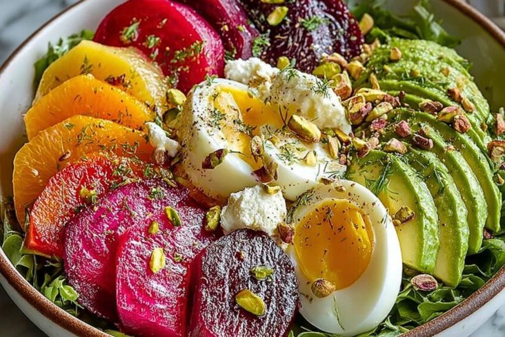 Elegant French Beet and Avocado Salad with Creme Fraiche and Pistachios