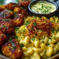 Garlic Butter Chicken Bites & Cajun Alfredo Mac with Crispy Onion Topping