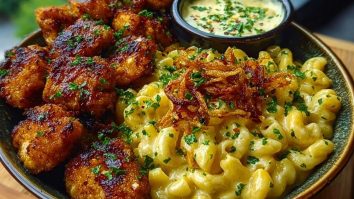 Garlic Butter Chicken Bites & Cajun Alfredo Mac with Crispy Onion Topping
