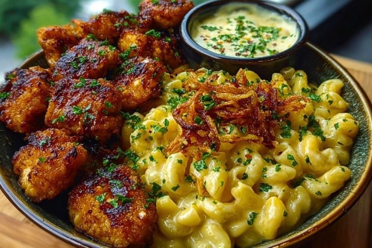 Garlic Butter Chicken Bites & Cajun Alfredo Mac with Crispy Onion Topping