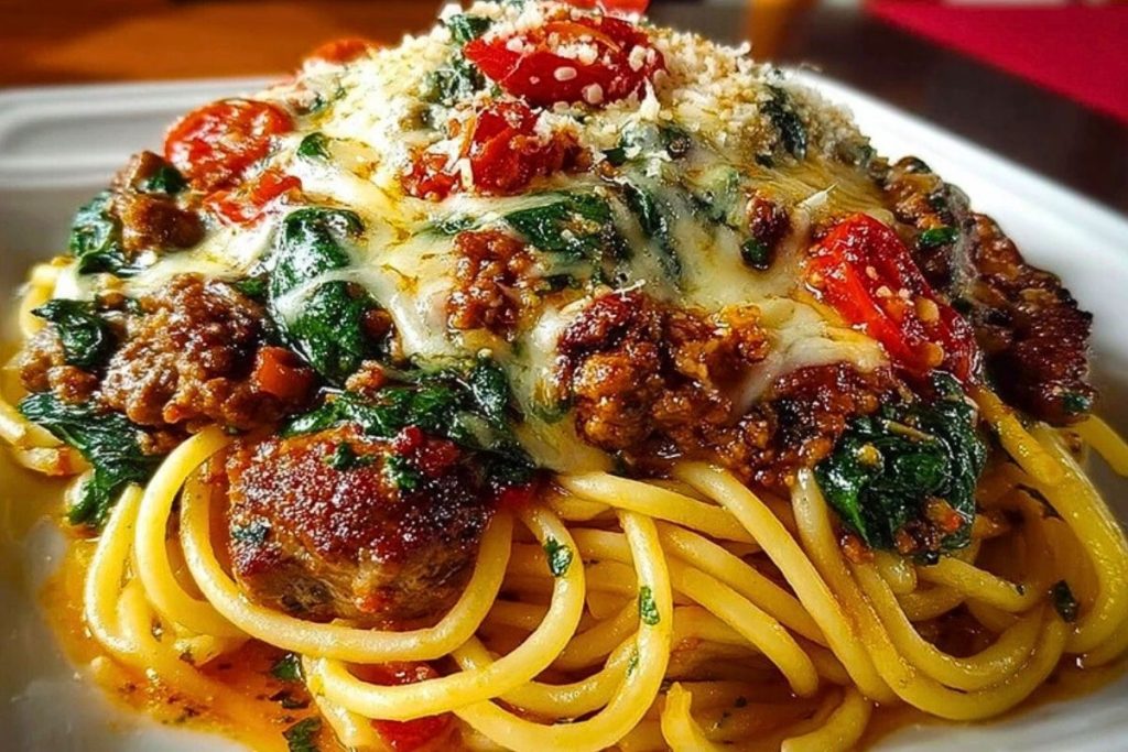 Garlic Butter Spaghetti with Cheesy Italian Sausage and Spinach