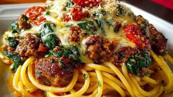 Garlic Butter Spaghetti with Cheesy Italian Sausage and Spinach
