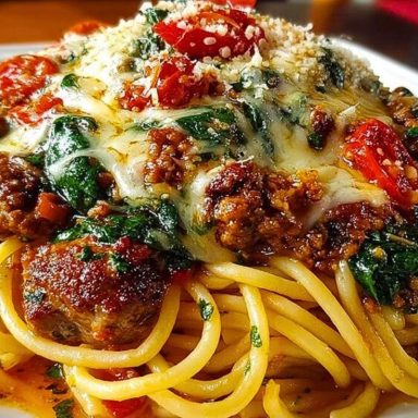Garlic Butter Spaghetti with Cheesy Italian Sausage and Spinach
