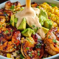 Grilled Shrimp Bowl with Avocado, Corn Salsa & Creamy Sauce