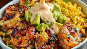 Grilled Shrimp Bowl with Avocado, Corn Salsa & Creamy Sauce