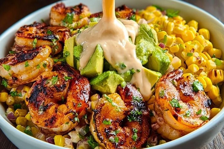 Grilled Shrimp Bowl with Avocado, Corn Salsa & Creamy Sauce