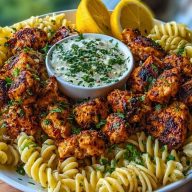 Lemon Cajun Chicken Bites with Creamy Garlic Herb Alfredo Twists