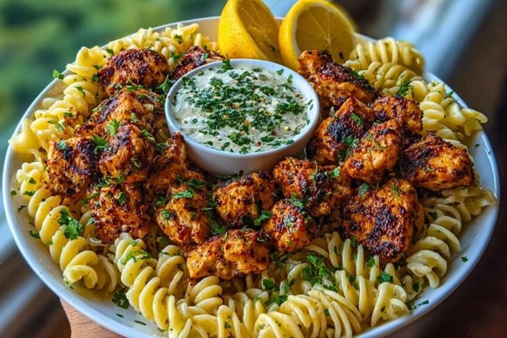 Lemon Cajun Chicken Bites with Creamy Garlic Herb Alfredo Twists