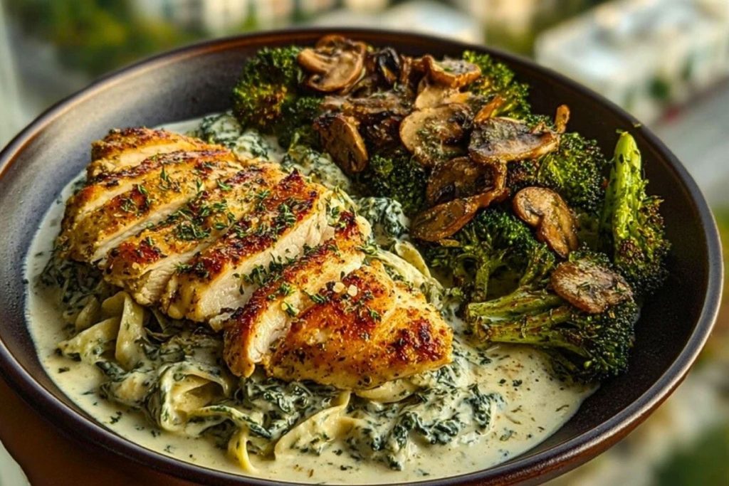 Spinach-Artichoke Greek Chicken Alfredo & Crispy Parmesan Broccoli with Mushroom Basil Cream