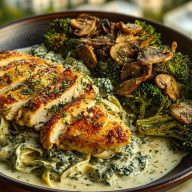 Spinach-Artichoke Greek Chicken Alfredo & Crispy Parmesan Broccoli with Mushroom Basil Cream