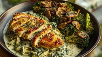Spinach-Artichoke Greek Chicken Alfredo & Crispy Parmesan Broccoli with Mushroom Basil Cream