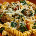 Weeknight Garlic Butter Rotini with Beef, Italian Sausage, and Spinach