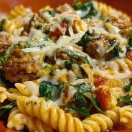 Weeknight Garlic Butter Rotini with Beef, Italian Sausage and Spinach
