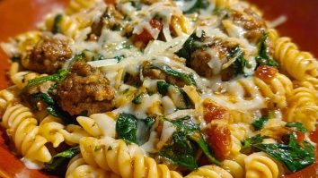 Weeknight Garlic Butter Rotini with Beef, Italian Sausage and Spinach