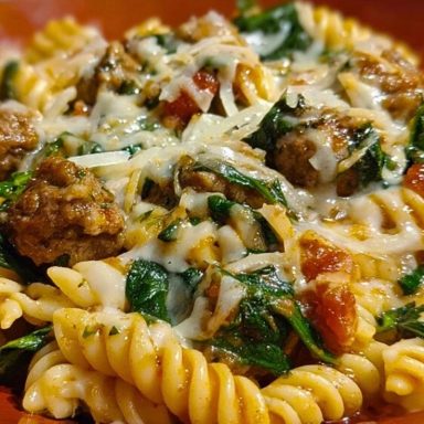 Weeknight Garlic Butter Rotini with Beef, Italian Sausage and Spinach