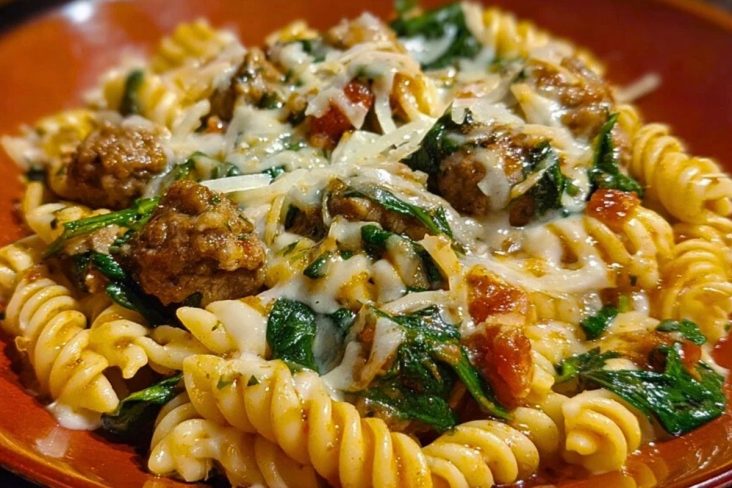 Weeknight Garlic Butter Rotini with Beef, Italian Sausage and Spinach