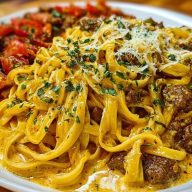 Cajun Beef Linguine in Creamy Velveeta Parmesan Garlic Sauce