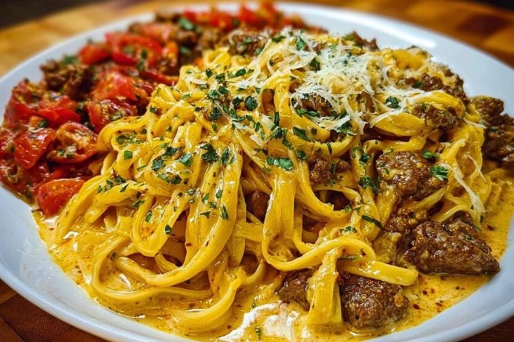 Cajun Beef Linguine in Creamy Velveeta Parmesan Garlic Sauce