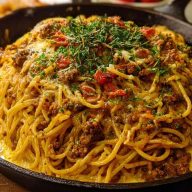 Cajun Beef Spaghetti in Creamy Three-Cheese Parmesan Sauce