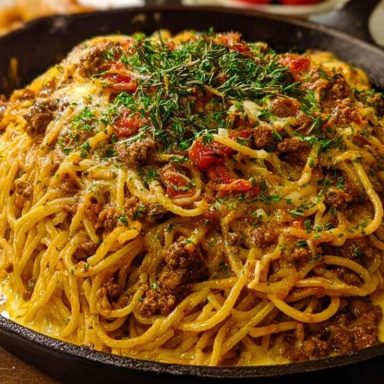 Cajun Beef Spaghetti in Creamy Three-Cheese Parmesan Sauce