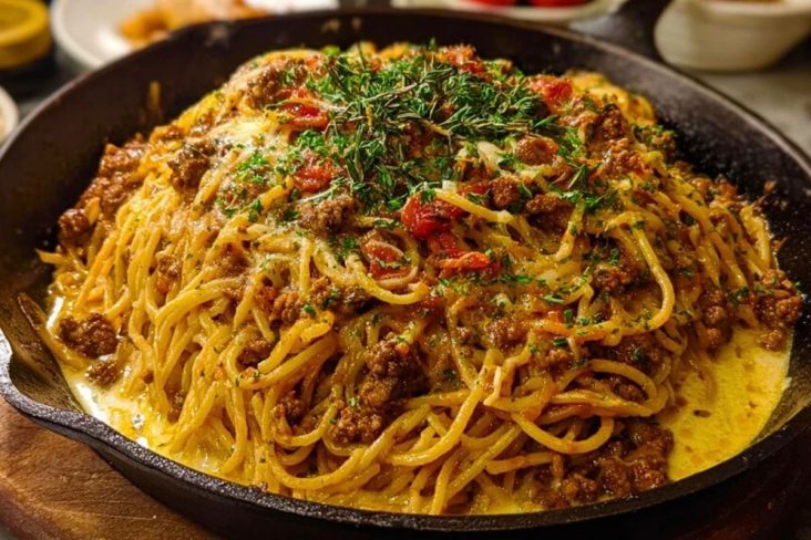 Cajun Beef Spaghetti in Creamy Three-Cheese Parmesan Sauce