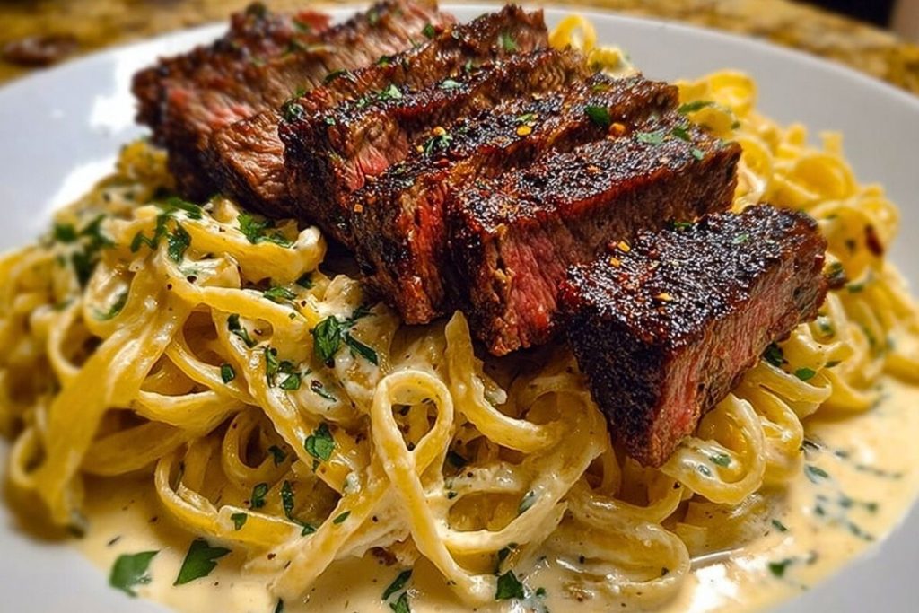 Cajun Garlic Butter Steak over Creamy Parmesan Linguine