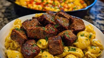 Cajun Steak Bites with Cheesy Garlic Shell Pasta Skillet
