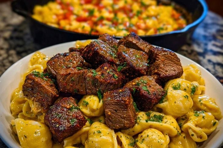Cajun Steak Bites with Cheesy Garlic Shell Pasta Skillet