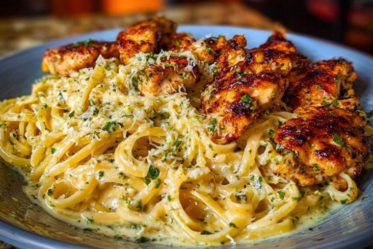 Cheesy Alfredo Linguine with Golden Garlic Butter Chicken in Creamy Sauce
