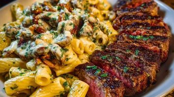 Cheesy Cajun Garlic Butter Steak with Creamy Rigatoni 1